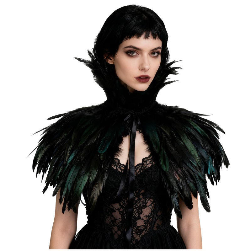 L'VOW Gothic Black Feather Cape Shawl Shrug Poncho with Choker Collar (Black) - Image 2